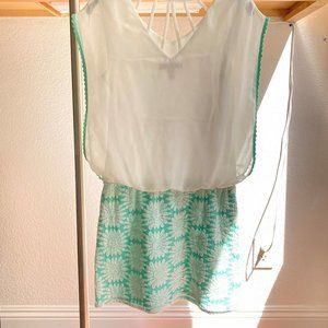 White and light teal dress